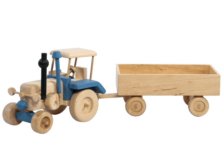 Drewniany traktor z przyczepą